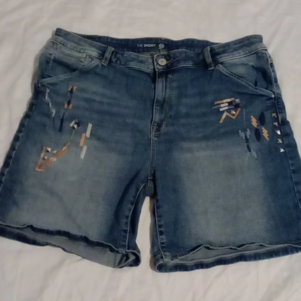 Yessica The Short Distressed Embellished Denim Bermuda Shorts Size 36